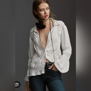 Anthropologie Ruched Peplum Blouse  Shirred XS Ivory Romantic Cottagecore